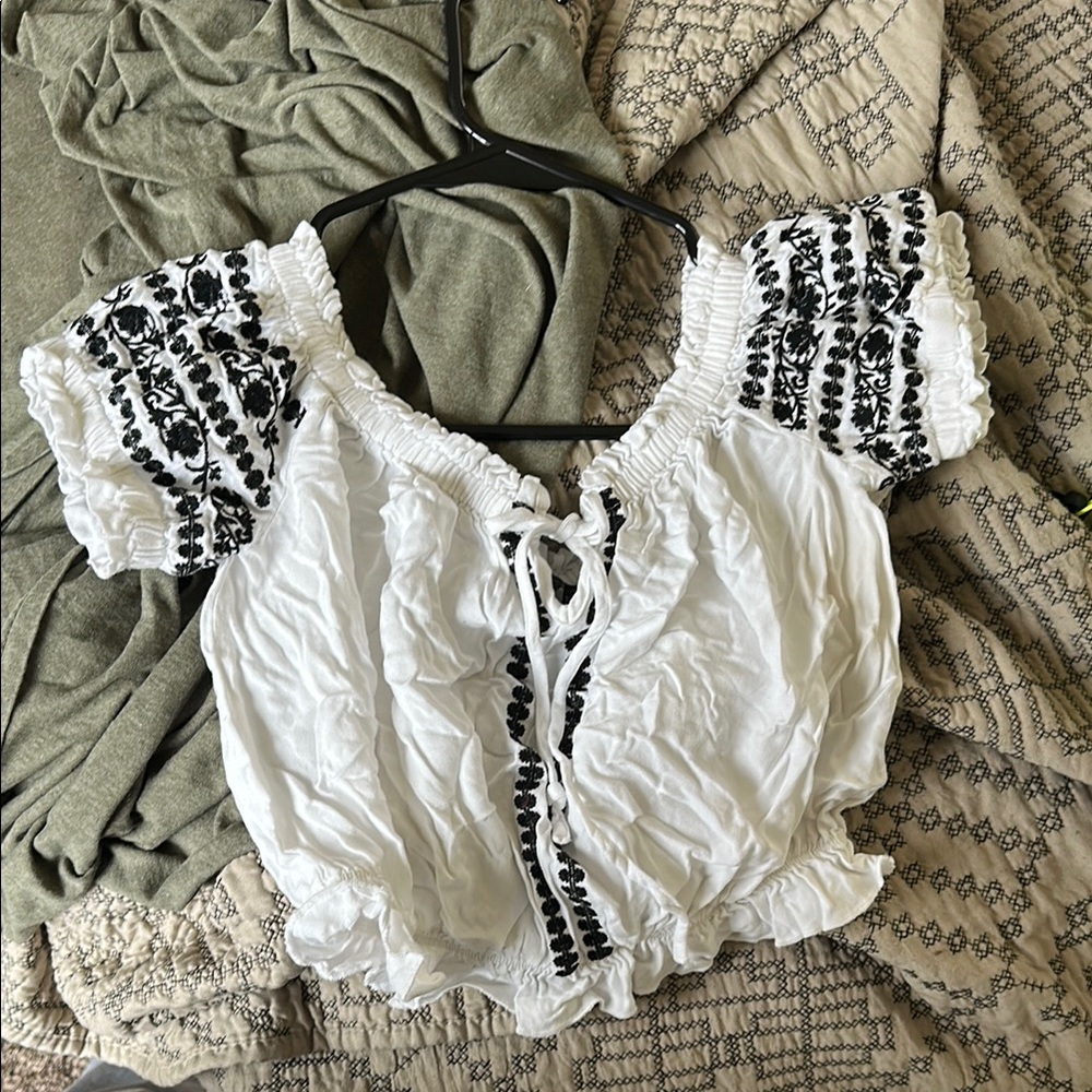 White and Black Embroidered Women's Top